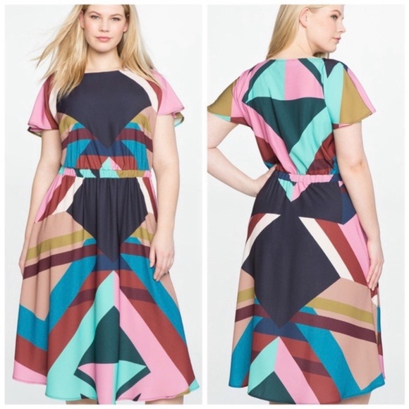 Eloquii Multi Color Geometric MIDI Dress Size 14 - Picture 3 of 11